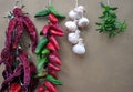 Strings of peppers , chilies , garlic Royalty Free Stock Photo
