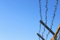 A strip of barbed cold wire on a perishable blue sky. Barbed wire fence. Prohibited zone Royalty Free Stock Photo