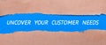 A strip of blue paper with the words UNCOVER YOUR CUSTOMER NEEDS between the brown paper. View from above