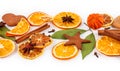 Strip of dried oranges, lemons, mandarins, star anise, cinnamon sticks and gingerbread Royalty Free Stock Photo