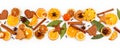Strip of dried oranges, lemons, mandarins, star anise, cinnamon sticks and gingerbread, isolated on white Royalty Free Stock Photo