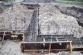 Strip footing, foundation construction. A close-up of a strip house foundation with a dug trench, wood frame and reinforcement Royalty Free Stock Photo