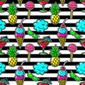 Stripe fabric fashion seamless pattern with embroidery eighties party patches like cocktail glass and pineapple, sunglasses lolli