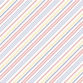 Stripe pattern seamless thin bright diagonal in red, blue, yellow, white. Textured slim asymmetric lines for spring summer dress.