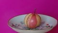 A striped apple in a plate with a gold border on a pink isolate. Background picture.