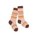 Striped autumn warm socks vector flat illustration in watercolor style. Pair of cartoon cute comfortable handmade