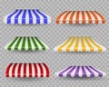 Striped awnings. Colorful outdoor canopy for shop, restaurants and market store window of different forms, vintage
