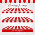 Striped Awnings for Shop in Different Forms. Red and White Awning with Sample Text