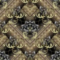 Striped Baroque seamless pattern. Floral ornamental Damask background. Vintage baroque Victorian style flowers, leaves. Zigzag