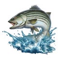 Striped bass jumping out of the water illustration isolate realism. Striped perch on the background of splashing water. Royalty Free Stock Photo