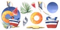 Striped beach bag with inflatable ring orange, seashell, palm branch, watermelon and kite on a tropical island