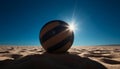 A striped beach ball rolls on the sand dune circle generated by AI Royalty Free Stock Photo