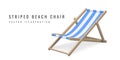 Striped beach chair. Realistic 3D deck chair isolated on white background. Summertime object. Vector illustration