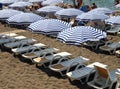 Striped beach umbrellas and white sunbeds