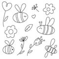 Striped bees with wings, insect, flowers, hearts, vector children picture, set of elements, coloring book