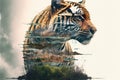 Striped bengal tiger in double exposure merge its head