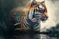 Striped bengal tiger in double exposure merge its head