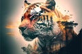 Striped bengal tiger in double exposure merge its head