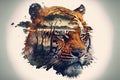 Striped bengal tiger in double exposure merge its head