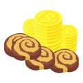 Striped biscuit icon isometric vector. Striped biscuit roll and golden coin icon