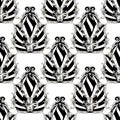 Striped black and white abstract floral vector seamless pattern. Baroque style flowers, leaves. Ornamental modern background. Royalty Free Stock Photo