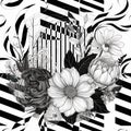 Striped Black and white lines floral seamless pattern. Beautiful flowers, leaves, stripes vector background. Doodle hand drawn Royalty Free Stock Photo