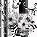 Striped Black and white lines floral seamless pattern. Beautiful flowers, leaves, stripes vector background. Doodle hand drawn Royalty Free Stock Photo