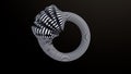 Striped black and white ring deforming. Black background. Abstract illustration, 3d rendering.