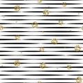 Striped black and white seamless pattern with golden shimmer polka dots.