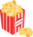 Striped box container with delicious popcorn in 3d illustration on white background.