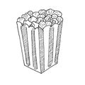 Striped box with popcorn isolated on white background. Hand drawn vector illustration in cartoon doodle style. Royalty Free Stock Photo