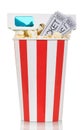 Striped box of popcorn with movie tickets and glasses isolated on white Royalty Free Stock Photo