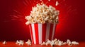 Striped box with popcorn on red background. Neural network AI generated Royalty Free Stock Photo