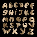 Striped brown and gold gradient lettering. three-dimensional artistic alphabet. rounded font for writing words. cartoon