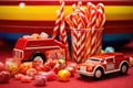 striped candies grouped near a bright red toy fire truck Royalty Free Stock Photo