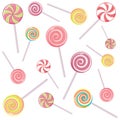 Striped candy canes and candy on a stick without the wrapper. Dessert, Christmas sweets and food. Vector. Royalty Free Stock Photo