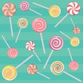 Striped candy canes and candy on a stick without the wrapper. Dessert, Christmas sweets and food. Vector. Royalty Free Stock Photo