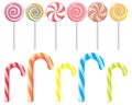 Striped candy canes and candy on a stick without the wrapper. Dessert, Christmas sweets and food. Vector Royalty Free Stock Photo