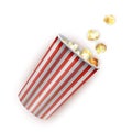 Striped carton bowl filled of popcorn, bag full of popcorn. Realistic vector illustration Royalty Free Stock Photo