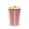 Striped carton bowl filled of popcorn, bag full of popcorn. Realistic vector illustration Royalty Free Stock Photo