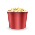 Striped carton bowl filled of popcorn, bag full of popcorn. Realistic vector illustration Royalty Free Stock Photo