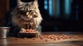 Striped cat eats dry food from a bowl. Pet indoors. AI Generated Royalty Free Stock Photo