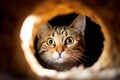 A striped cat is hiding in a dark hole, in a hole