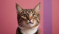 A striped cat poking its head with curiosity against a color background