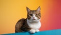 A striped cat poking its head with curiosity against a color background