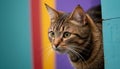 A striped cat poking its head with curiosity against a color background
