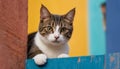 A striped cat poking its head with curiosity against a color background