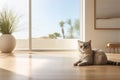 striped cat sits on a beige floor in a well-lit room with balcony doors that offer a view of palm trees Royalty Free Stock Photo