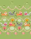 Striped cats, funny little foxes and cute raccons playing on green grass background among small birds, rose flowers, autumn trees Royalty Free Stock Photo