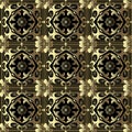 Striped checkered 3d arabesque gold vector seamless pattern. Ornamental arabic style background. Vintage floral golden